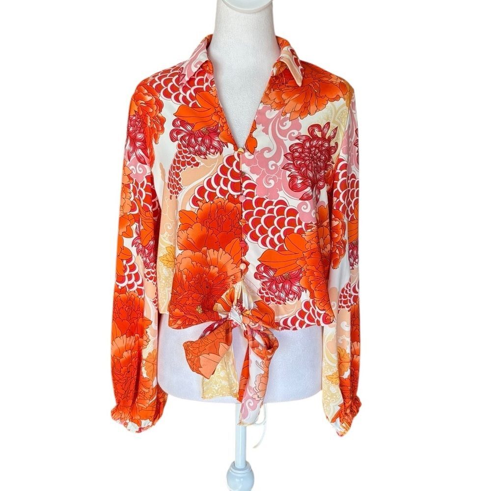 Joie Tie Front Cropped Blouse Floral Orange and Red Womens Size Small NEW